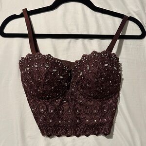 Embellished Brown/Burgundy Lace Bustier Top